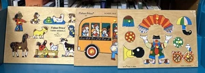 70s Vintage Fisher-Price Wooden Peg Puzzles Farm Bus Clown (Acre Toy) (Lot of 3) - Picture 1 of 9