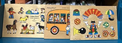 70s Vintage Fisher-Price Wooden Peg Puzzles Farm Bus Clown (Acre Toy) (Lot of 3) - Image 1 of 4