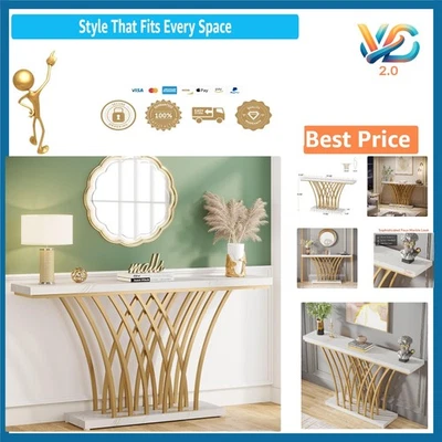 Mesa consola dorada 59 pulgadas con tapa de mármol sintético y base de metal, entrada moderna Foto 1 de 4