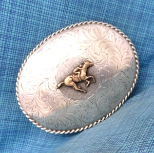 Horse Racing Belt Buckle Western Scroll Sterling Silver Vtg Boyd Reno .Bowman#11 - Picture 1 of 16