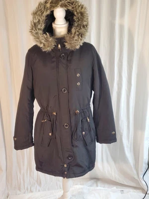 Parka Steve Madden negra ribete y forro de piel sintética capucha extraíble talla M Penny Lane Foto 1 de 4
