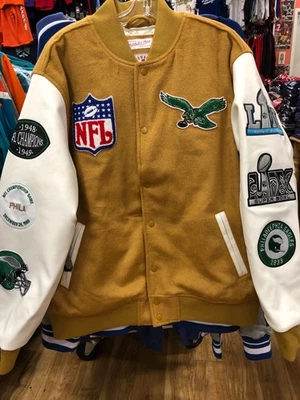 MITCHELL & NESS PHILADELPHIA EAGLES NFL DUSTED VARSITY JACKET MENS VINTAGE LOGO MITCHEL & NESS
