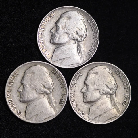 1940 P D S Jefferson Nickel Set (3 Coin Lot) Nice GOOD / VG FREE SHIPPING Cover