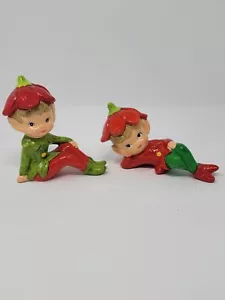 Vintage Pixie Gnomes Elves Flower Hat Figurines Pair - Picture 1 of 9