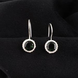 Green Tourmaline Gemstone 925 Sterling Silver Jewelry Handmade Earrings 0.93" - Picture 1 of 8
