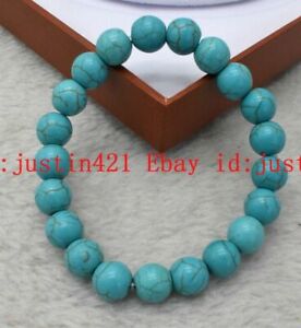 Natural 6/8/10/12/14mm Blue Turquoise Round Gemstone Bracelet 7.5'' AAA