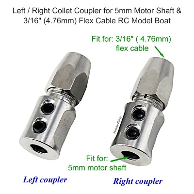 Left / Right Collet Coupler for 5mm Motor Shaft & 3/16" Flex Cable RC Model Boat - Image 1 of 4