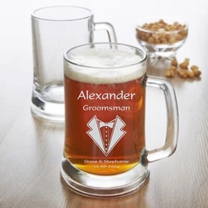 Engraved 500ml Beer Mug Glass Tankard Personalised Wedding Groomsman Best man - Picture 1 of 15