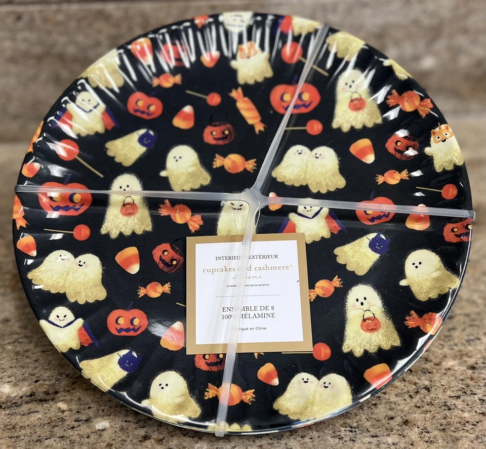 Cupcakes y Cachemira Halloween Fantasmas Caramelo Maíz MELAMINA Juego de 8 Platos de Cena Foto 1 de 1