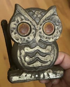 Vintage 1960s-70s Owl Cast Iron Napkin Holder Retro Orange Eyes 4.5” Fall Decor - Picture 1 of 7