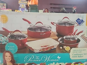 The Pioneer Woman Vintage Speckle & Floral 10 Pc Nonstick Cookware Set, Red - Picture 1 of 5