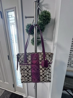 COACH Signature Stripe Python Print Rare Color Raspberry F25706 Bag Purse Tote - Image 1 of 4
