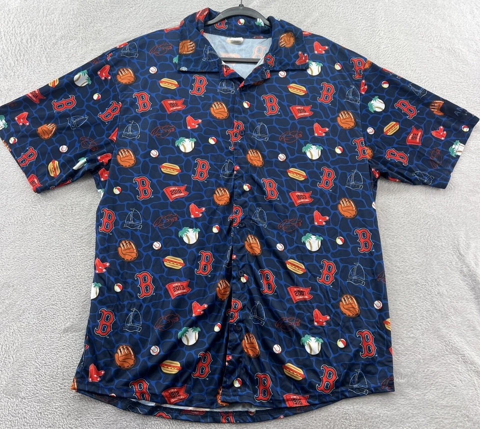 Camisa de los Medias Rojas de Boston para Hombres XL Abotonada Hawaiana Guantes de Béisbol Hotdogs Cortos Slv Foto 1 de 4