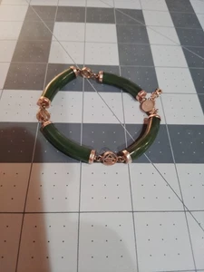 Vintage Chinese 14k Yellow Gold Green Jade Bracelet with Safety Chain 20.5 Grams - Picture 1 of 11