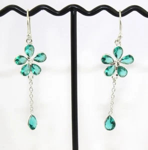 Pear Chalcedony Hydro Quartz Hook Silver Plated Long Chain Drop Dangle Earring - Picture 1 of 10