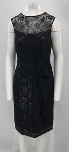 Rickie Freeman Teri Jon Black Rosette Lace & Sequin Dress w/ Flower Belt sz 8 - Picture 1 of 5