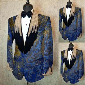 Luxury Men Suit Blazer Slim Fit Jacquard Shawl Lapel Tuxedos Jackets Beading - Picture 1 of 17