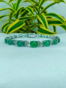 Natural Green Emerald Bracelet 925 Silver Oval Cut Dainty White CZ Bracelet - Picture 1 of 9
