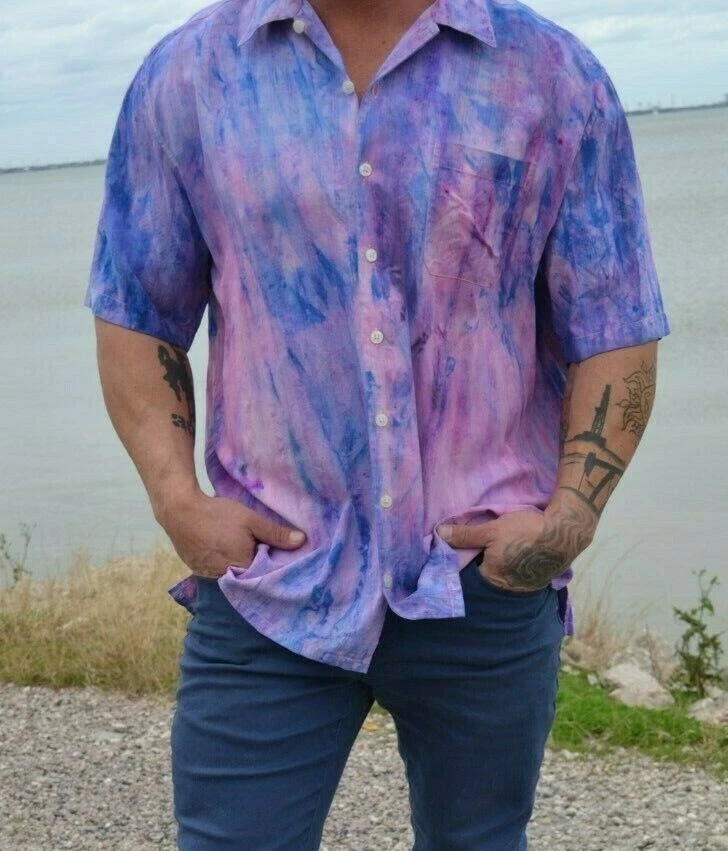 NEW Mens Short sleeve Silk Shirt Purple pink navy blue lavender tie dye large XL - Image 1 of 4