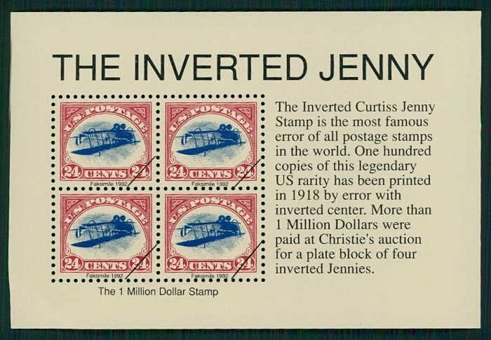 EE. UU. S/S 1992 ERROR "THE INVERTED JENNY" AVIÓN FACSÍMIL REIMPRESIÓN FAUX m5403 Foto 1 de 2