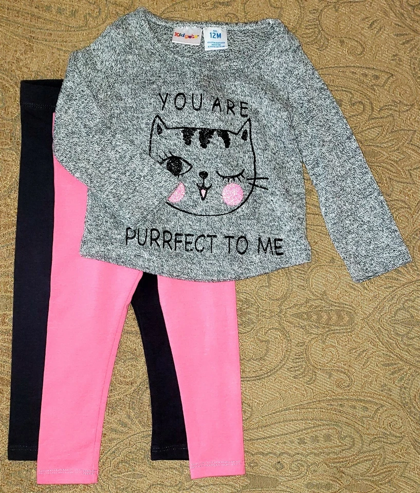 KIDGETS Bebé Niñas Lote de 3 Suéter Camisa + Pantalones KITTY Gris/Rosa 12M Nuevo sin Etiquetas Foto 1 de 1