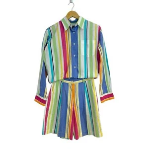 Vintage British Khaki Rainbow Striped Button Down & High Waisted Shorts, Size 10 - Picture 1 of 9