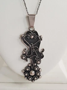 Vintage Taxco Mexico Large Ornate Sterling Silver Pendant Necklace - 26 1/2" - Picture 1 of 13
