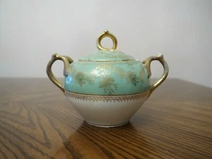 Antique LIMOGES France D & Co R.DELINIERES & Co Green Gold Sugar Dish with Lid - Picture 1 of 8
