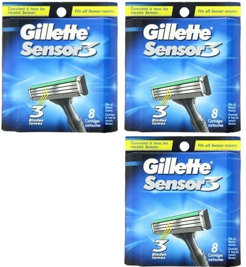 24 GILLETTE SENSOR 3 RAZOR BLADES REFILL CARTRIDGES - 3 PACKS TOTAL (8 ea) NEW! - Image 1 of 4