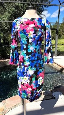 Платье-футляр CALVIN KLEIN размер 2 с цветочным рисунком джерси с развевающимся рукавом 3/4 2 - Изображение 1 из 4