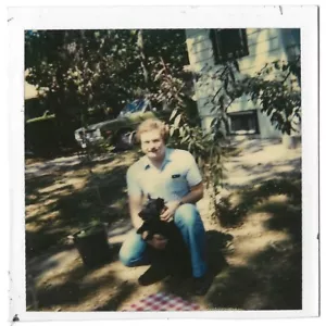 Vintage Photo Man w Mustache Holding Black Scottie C1970s Driveway Green Car - Picture 1 of 4