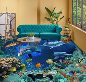 3D Blue Dolphin K1662 Floor WallPaper Murals Wallpaper Mural Print Panda 2023 - Picture 1 of 11