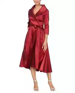 Alex Evenings Belted Portrait-Collar Taffeta Dress Women's 16 Wine 3/4 Sleeve - Picture 1 of 17