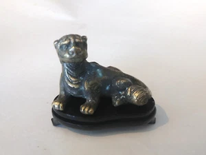 Vintage Chinese Bronze Paper Weight of Ancient Style Mythical Animal Wood Stand - Picture 1 of 5