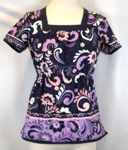 Womens KoI Vintage Scrub Top Purple Pink White Paisley XS Extra Small - Picture 1 of 7