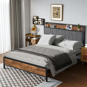 Queen Bed Frame with Industrial Design, Tufted Soft Headboard & USB Charging Sta - Picture 1 of 9