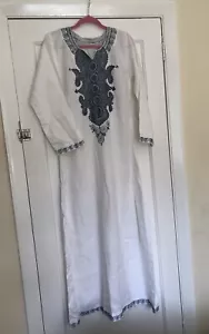 Moroccan Women’s White Linen Kaftan Maxi Grey Embroidered Detail Uk 8/10 Small - Picture 1 of 9