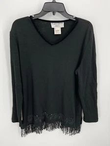 Plaza South Knits Sweater Womens Medium Black Embroidered Fringe Trim Vintage - Picture 1 of 7