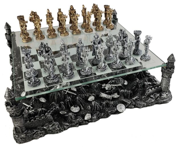 Medieval Times Knight Pewter Metal Chess Set Antique Finish W 17 Castle  Board