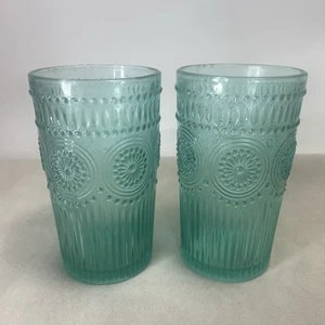 The Pioneer Woman Adeline 16 oz Embossed Glass Tumbler Turquoise Set of 2 - Picture 1 of 5