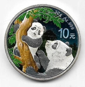 China 10 Yuan 2021 Panda , Coloriert , Vergoldet , 30 g Silber 999 Münze, F16/2 - Bild 1 von 2