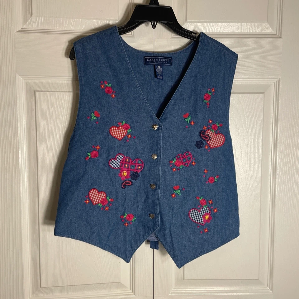 Chaleco Karen Scott Vintage Años 90 Mujer Grande Azul Denim Bordado Corazones Rosa Top Foto 1 de 4