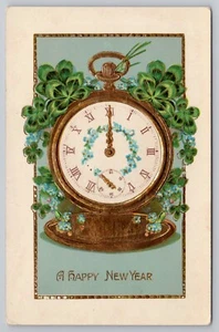 Orologio da tasca Capodanno, Forget-Me-Nots & Shamrocks, Trifoglio, 1914 cartolina postale - Foto 1 di 3