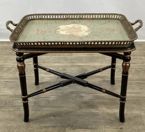 RARE Accent Table With Antique Chinese Porcelain Detachable Tray W/Brass HEAVY - Picture 1 of 8