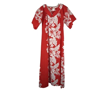 VINTAGE WOMENS SMALL/MEDIUM MAXI DRESS MUUMUU FLORAL RED WHITE VACATION RESORT - Picture 1 of 14