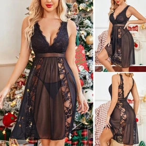 Babydoll nero lingerie da donna lingerie sexy pizzo babydoll camicia da notte lunga US - Foto 1 di 34