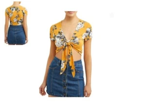 NEW Juniors LARGE Short Sleeve TIE FRONT Cropped Blouse YELLOW - Picture 1 of 1