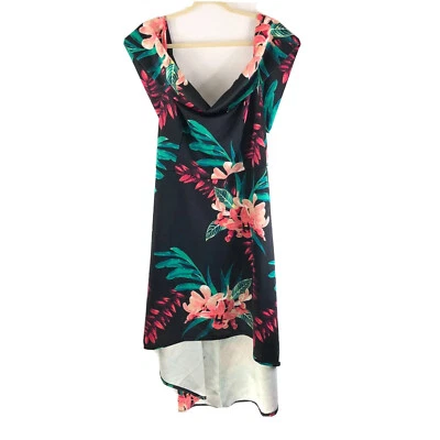 Charlotte Russe 连衣裙高低下摆花卉大圆领热带黑色 2X — 第 1/4 张图片