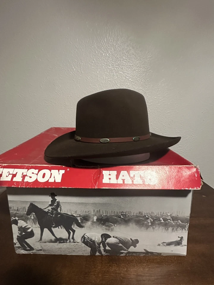 Chapéu de caubói Stetson marrom feltro 7 1/8 lã ocidental vintage com faixa e caixa chapéu raro - Imagem 1 de 4