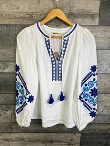 Boden Womens Blouse Top Size XS White Blue Nia Embroidered Sleeves Tassel Boho - Picture 1 of 11